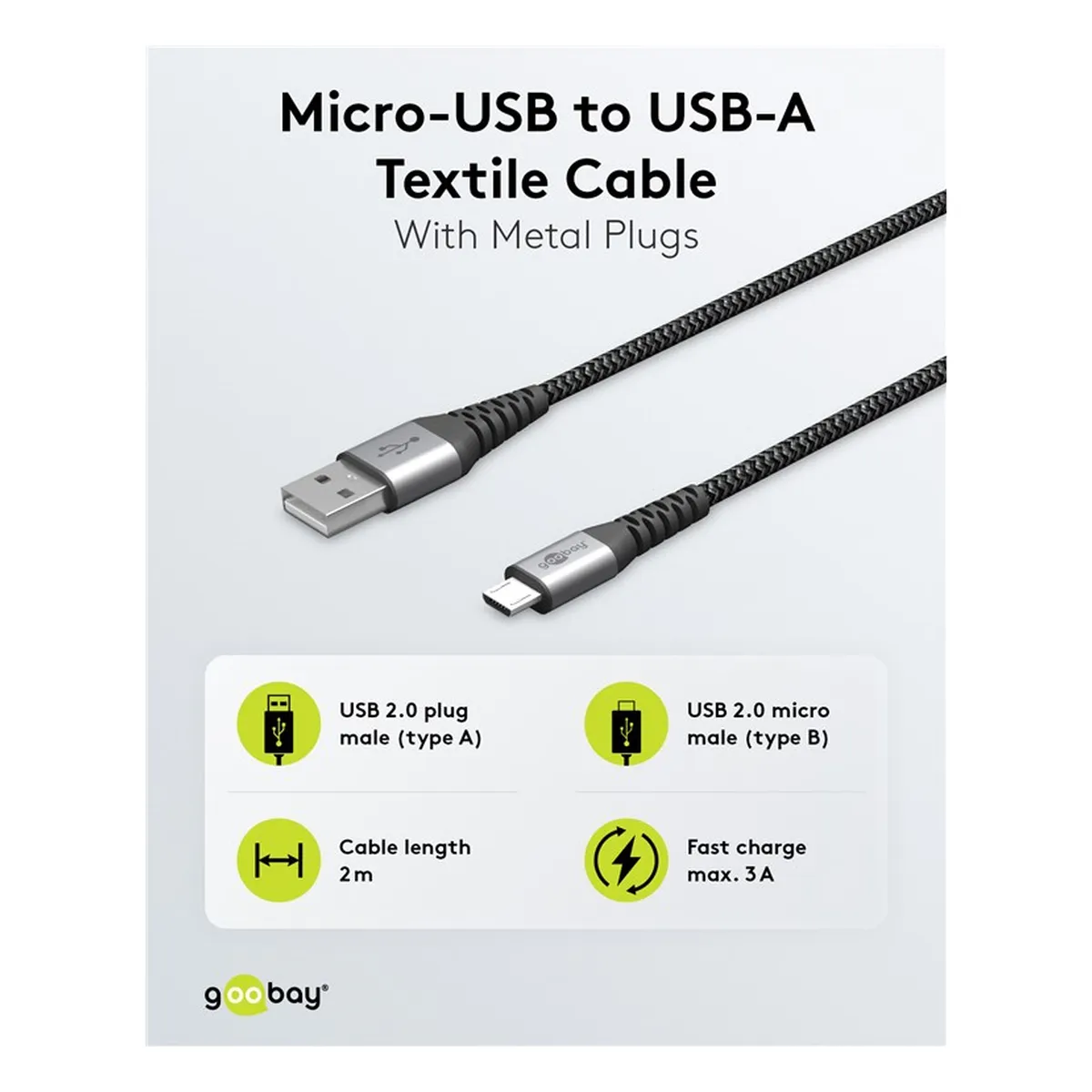 Goobay Micro-USB auf USB-A Textilkabel mit Metallsteckern (space grau/silber) 2m