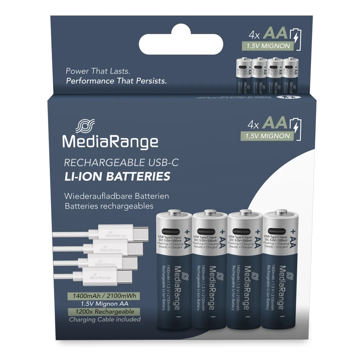 MediaRange wiederaufladbare USB-C Li-Ion Batterien, Mignon AA I 1.5V I 1.400mAh, 4er Pack