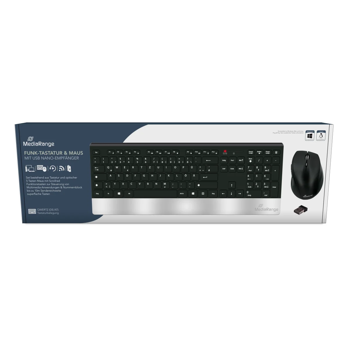 MediaRange Funk-Tastatur- und Maus-Set HIGHLINE, QWERTZ, schwarz/silber