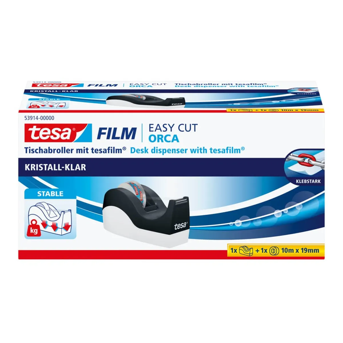 tesa® Tischabroller Easy Cut® Orca - für Rollen bis 33m : 19mm, schwarz/weiß
