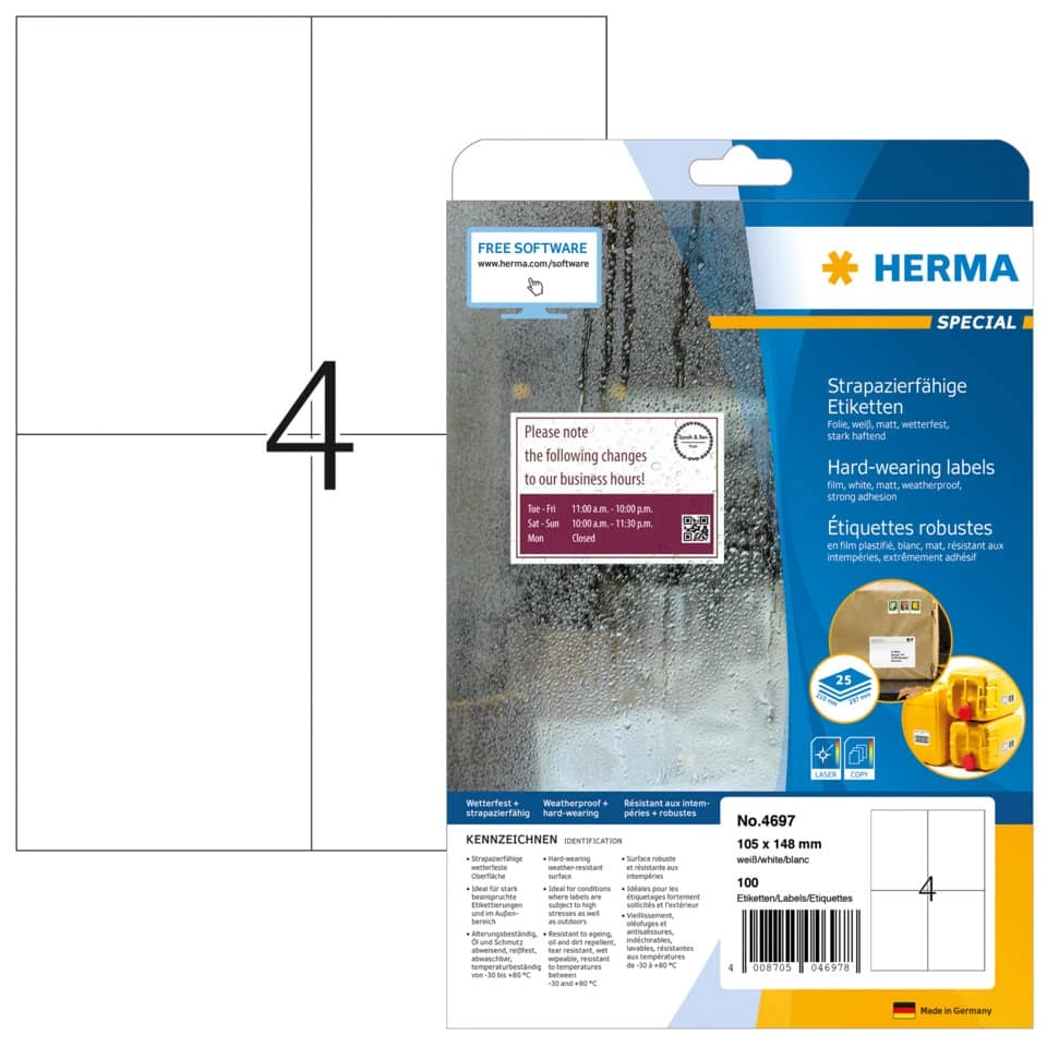 HERMA Folienetiketten - 105 x 148 mm, weiß, extrem stark haftend, matt, 100 Stück