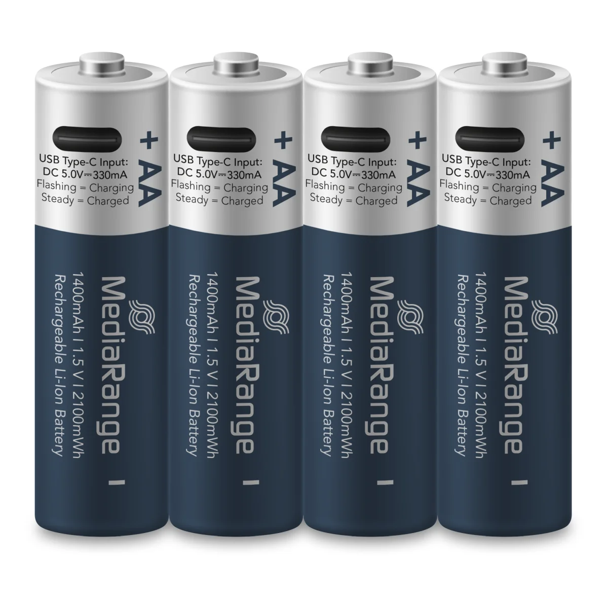 MediaRange wiederaufladbare USB-C Li-Ion Batterien, Mignon AA I 1.5V I 1.400mAh, 4er Pack