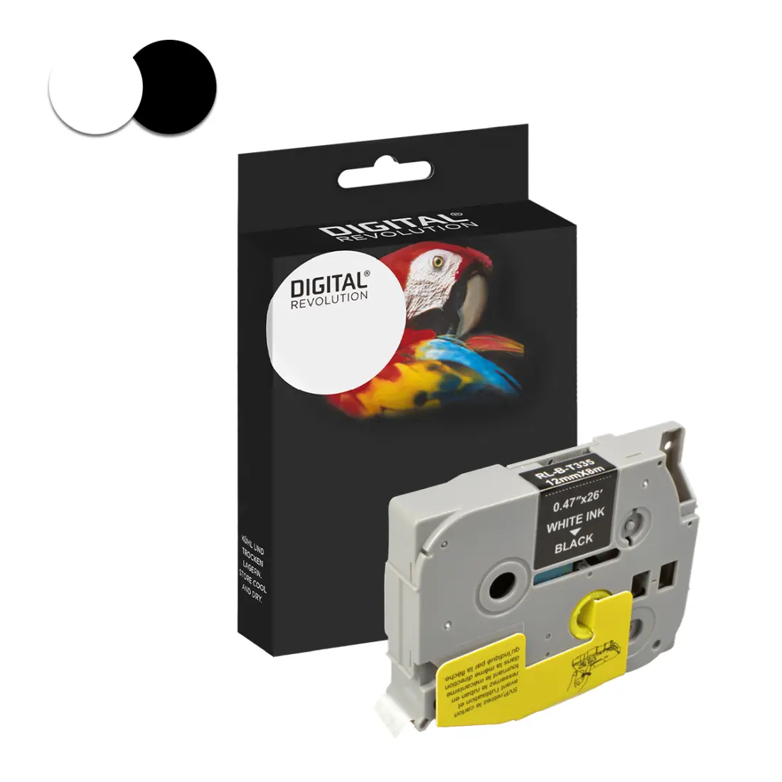 Schriftband TZE-335 weiß auf schwarz 12 mm Schriftband TZE-335 weiß auf schwarz 12 mm