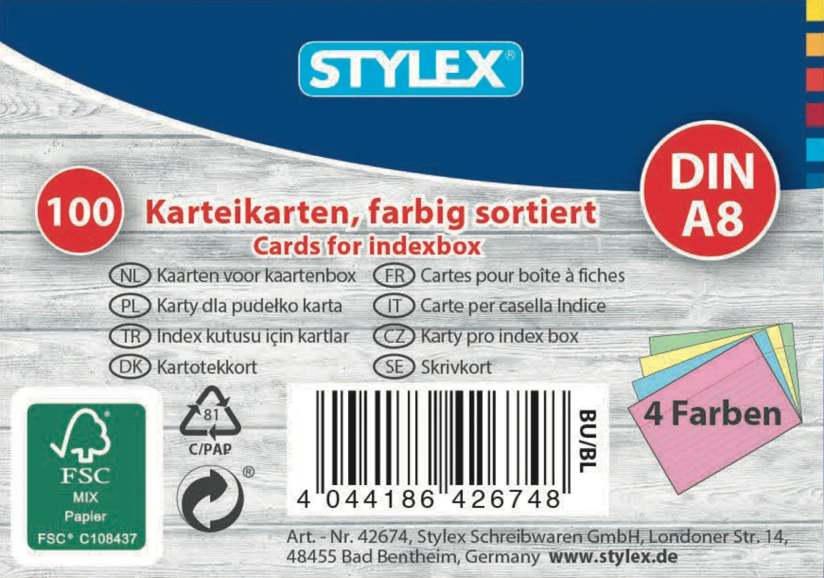 Stylex Karteikarten, DIN A8, farbig sortiert, 100 Stück, FSC