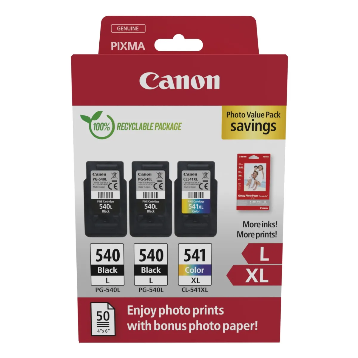 Druckerpatronen Multipack Canon 'PG-540L+CL-541XL' 2x schwarz je 11 ml | 300 Seiten +1x farbig 15 ml | 400 Seiten + Fotoglanzpapier 50 Blatt (5224B015)