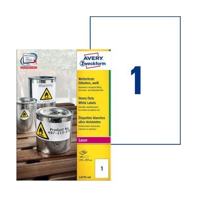 Avery Zweckform L4775-100 Folienetiketten - 210 x 297 mm, weiß, 100 Etiketten, permanent, wetterfest