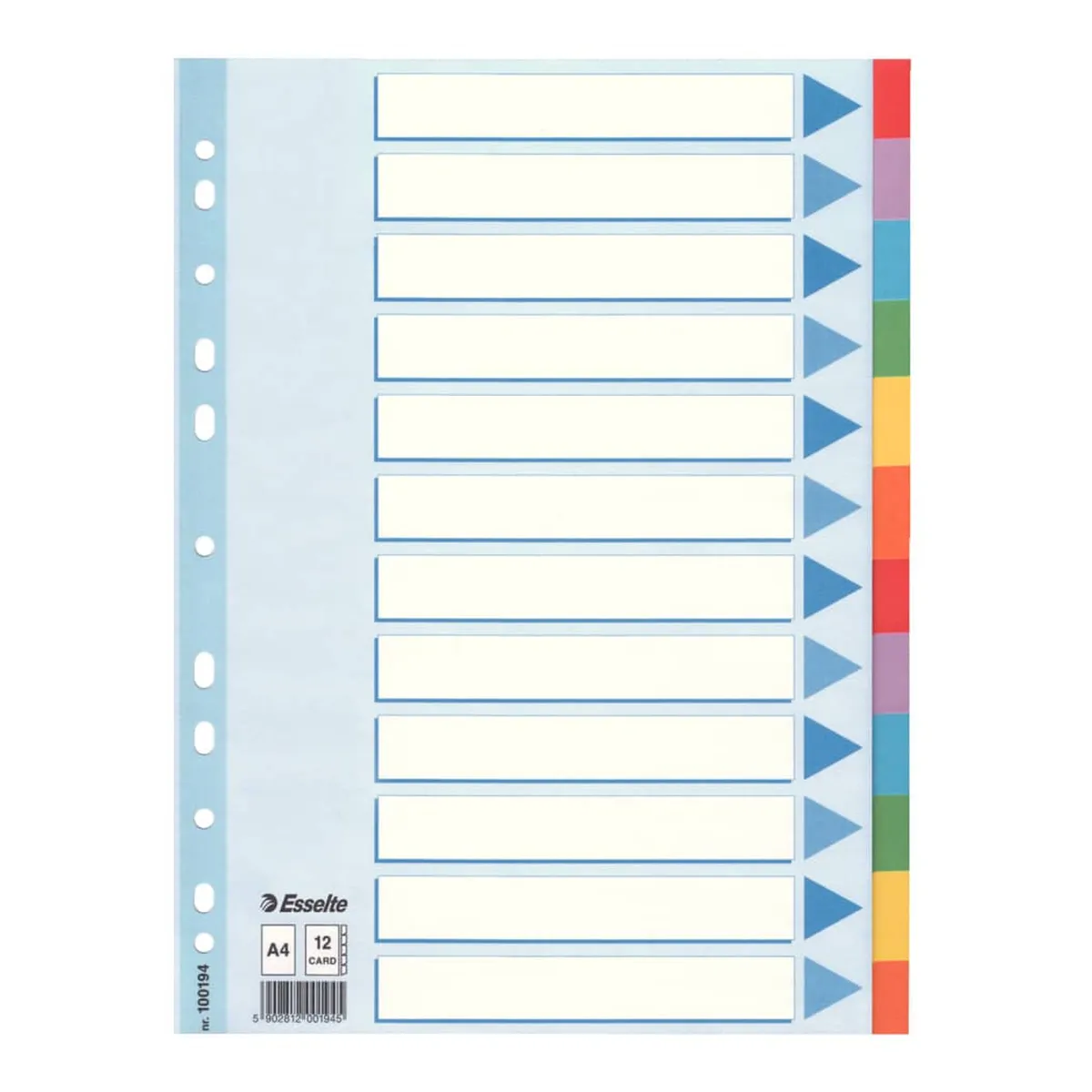Esselte Register - blanko, Karton, A4, 12 Blatt, weiß, farbige Taben