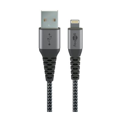 Lightning auf USB-A Textilkabel mit Metallsteckern (space grau/silber) 2 m
