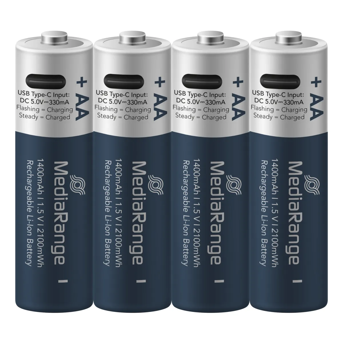 MediaRange wiederaufladbare USB-C Li-Ion Batterien, Mignon AA I 1.5V I 1.400mAh, 4er Pack