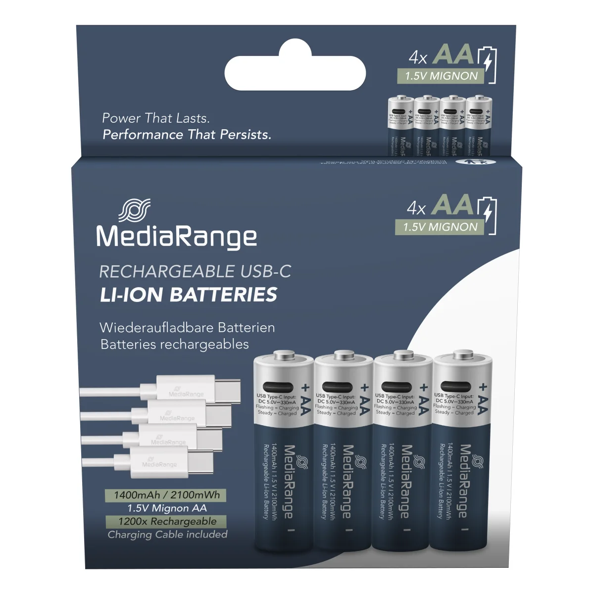 MediaRange wiederaufladbare USB-C Li-Ion Batterien, Mignon AA I 1.5V I 1.400mAh, 4er Pack