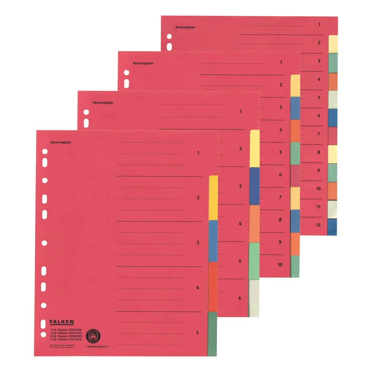 Falken Zahlenregister - 1-10, Karton farbig, A4, 5 Farben, gelocht mit Orgadruck