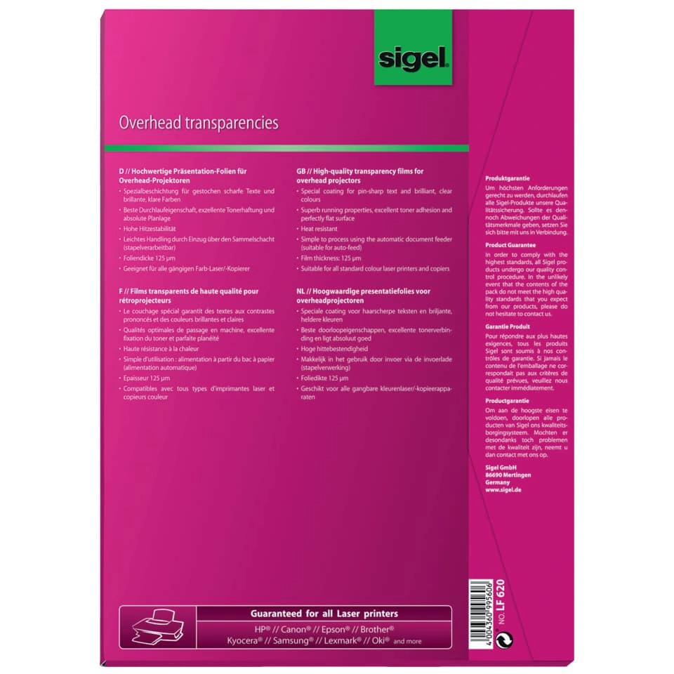 SIGEL Overhead-Folien für Farb-Laser/-Kopierer, transparent, 125 mym, A4, 50 Blatt