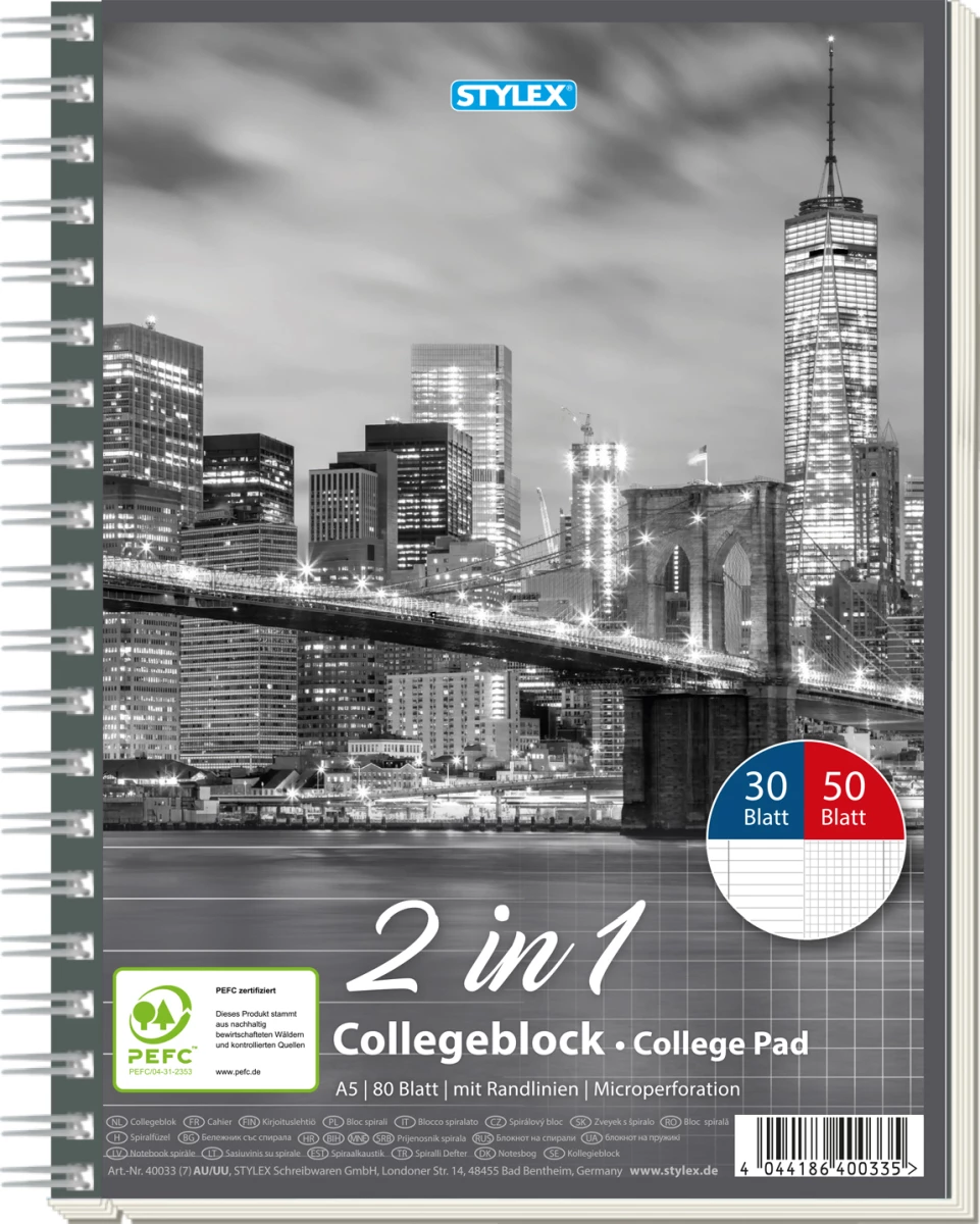 Stylex Collegeblock, DIN A5, Duo, 30 Blatt liniert / 50 Blatt kariert