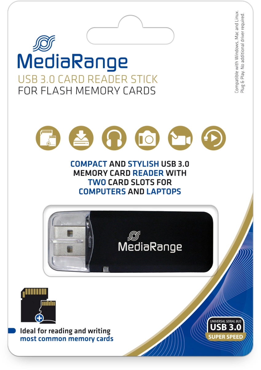 MediaRange USB 3.0 Speicherkartenlese-Stick, schwarz