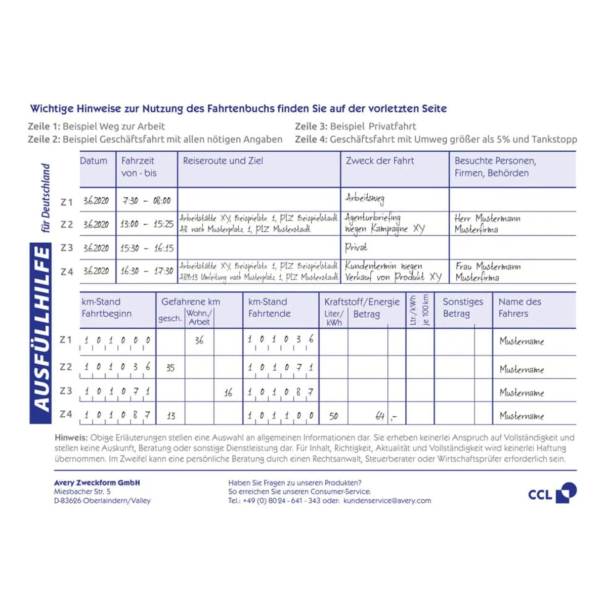 AVERY ZWECKFORM Fahrtenbuch Recycling - A6 quer, für PKW, 64 Seiten für 310 Fahrten