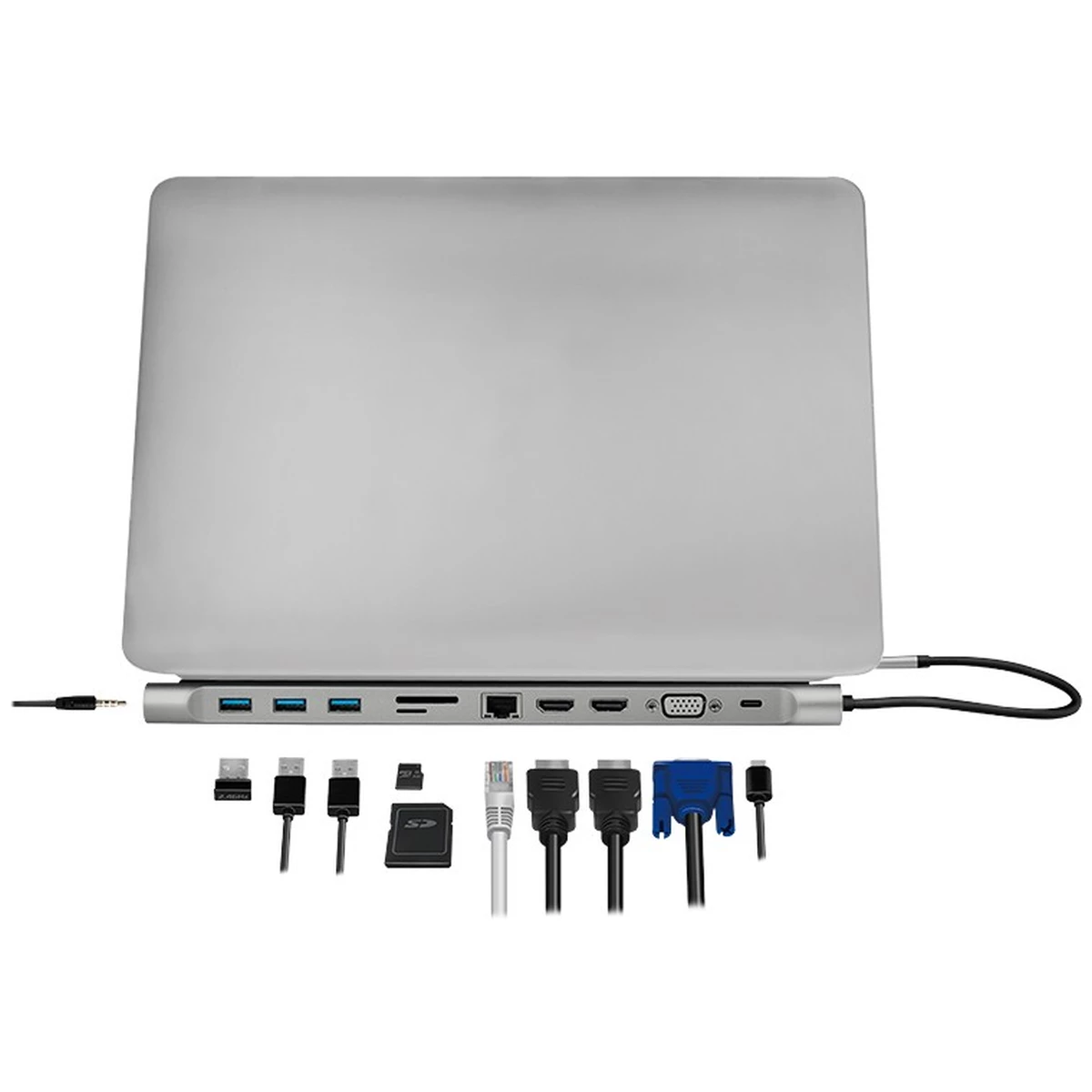 LogiLink Dockingstation USB-C Eigang 11Port 3xUSB3.2 USB-C 2xHDMI VGA AUX RJ45 Silver