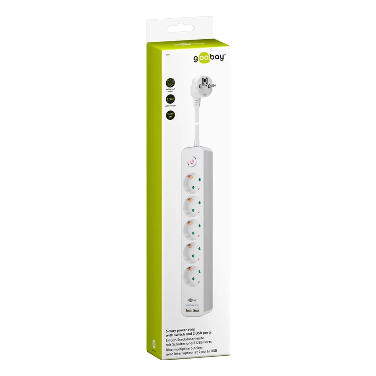 Goobay 5-fach Steckdosenleiste mit Schalter und 2 USB Ports