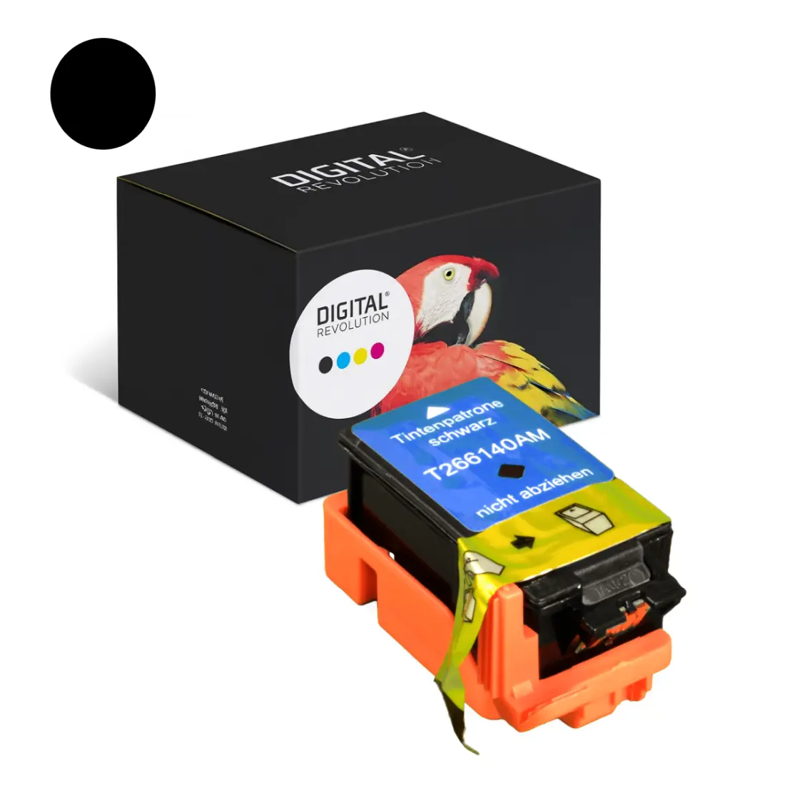 Digital Revolution alternative Patrone Tinte Epson C13T26614010 (266) schwarz, vor schwarzer Verpackung mit Papagei auf weißem Hintergrund