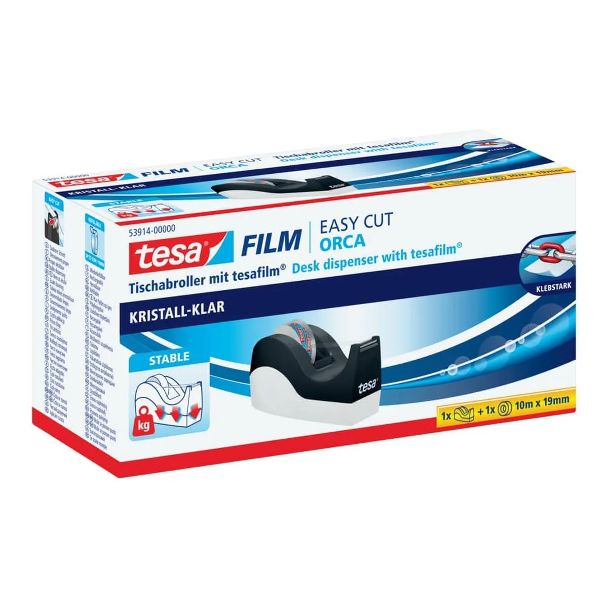 tesa® Tischabroller Easy Cut® Orca - für Rollen bis 33m : 19mm, schwarz/weiß