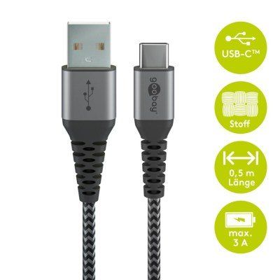 USB-C™ auf USB-A Textilkabel mit Metallsteckern (space grau/silber) 2 m