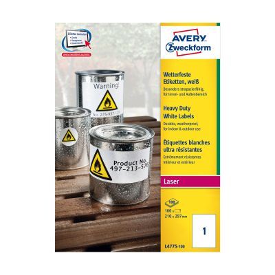 Avery Zweckform L4775-100 Folienetiketten - 210 x 297 mm, weiß, 100 Etiketten, permanent, wetterfest