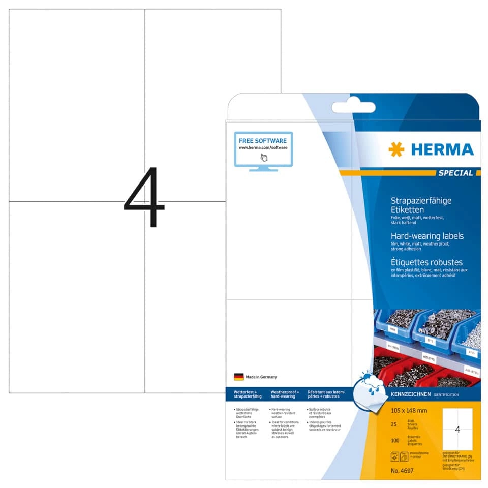 HERMA Folienetiketten - 105 x 148 mm, weiß, extrem stark haftend, matt, 100 Stück