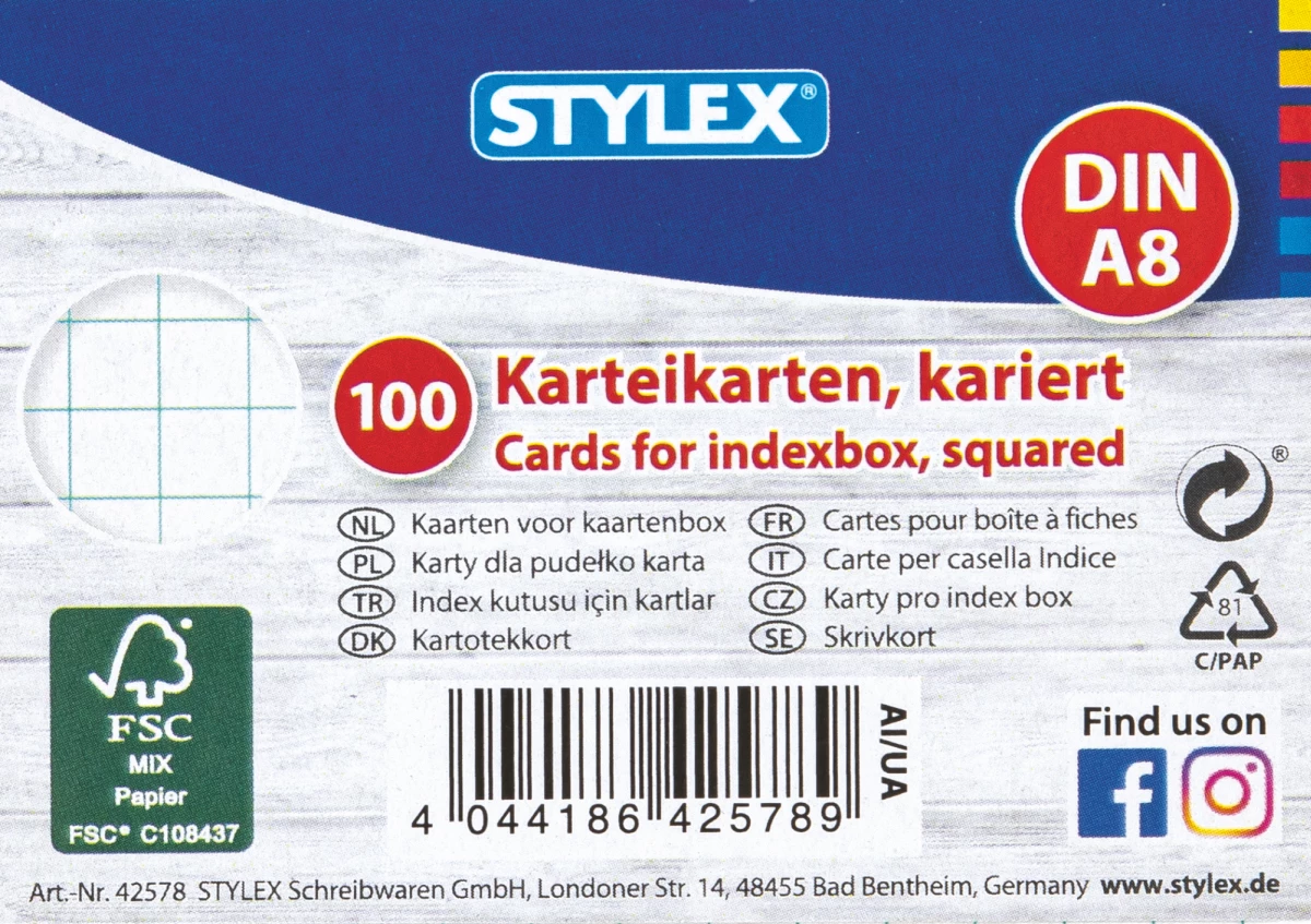 Stylex Karteikarten, DIN A8, kariert, 100 Stück, FSC