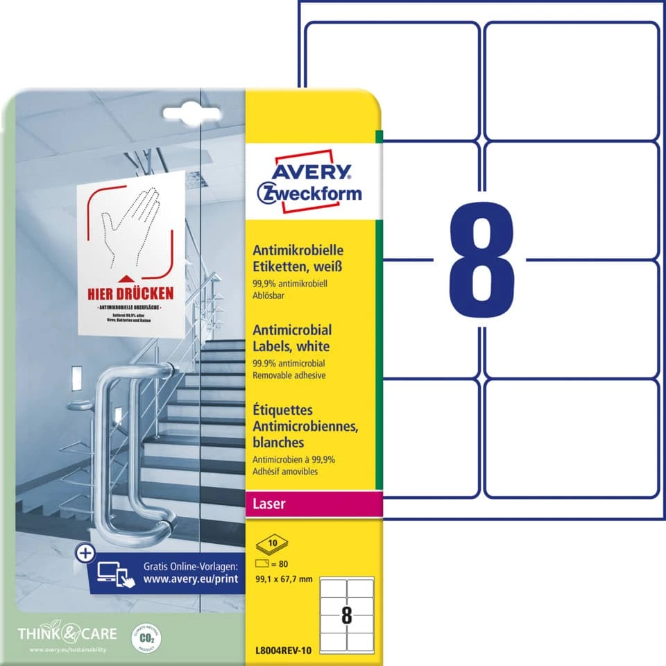 AVERY ZWECKFORM L8004REV-10 Antimikrobielle Etiketten - 99,1 x 67,7 mm ablösbar, weiß, 80 Stück AVERY ZWECKFORM L8004REV-10 Antimikrobielle Etiketten - 99,1 x 67,7 mm ablösbar, weiß, 80 Stück