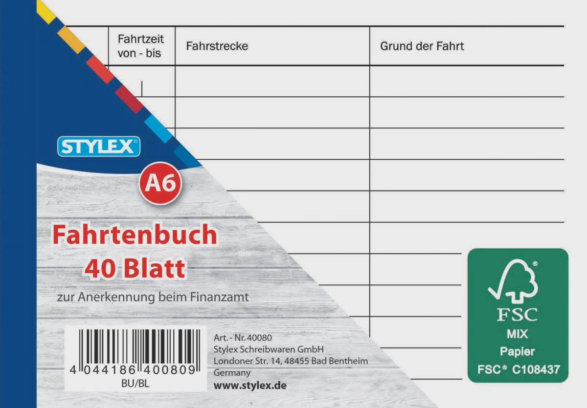 Stylex Fahrtenbuch, DIN A6, 40 Blatt, FSC