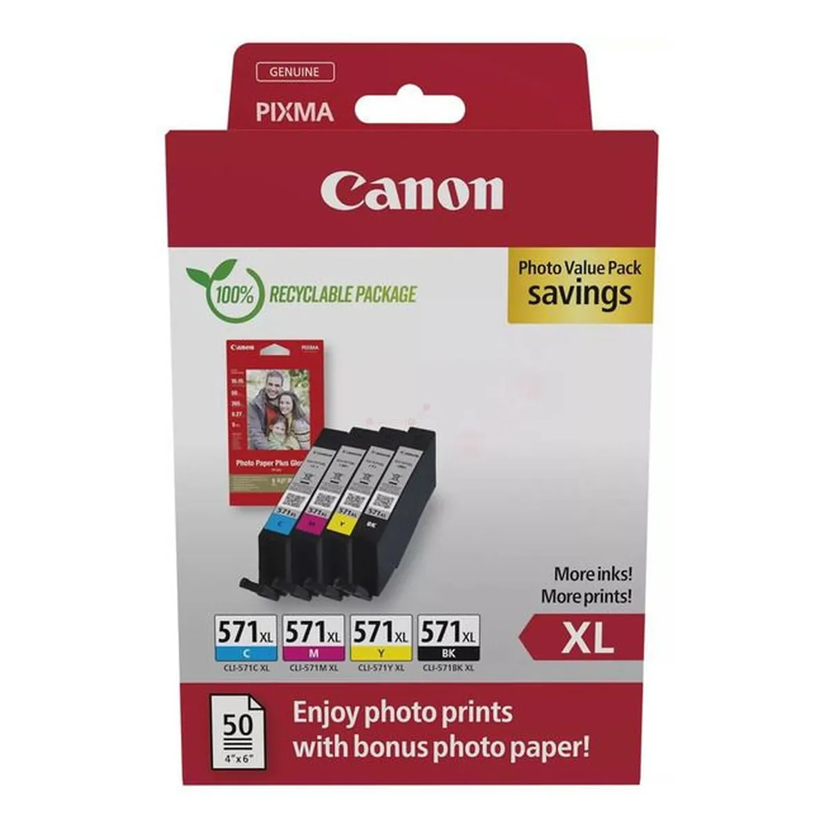 Druckerpatronen ValuePack Canon CLI-571 XL schwarz cyan magenta gelb 44 ml (0332C006) + 50 Blatt Fotopapier