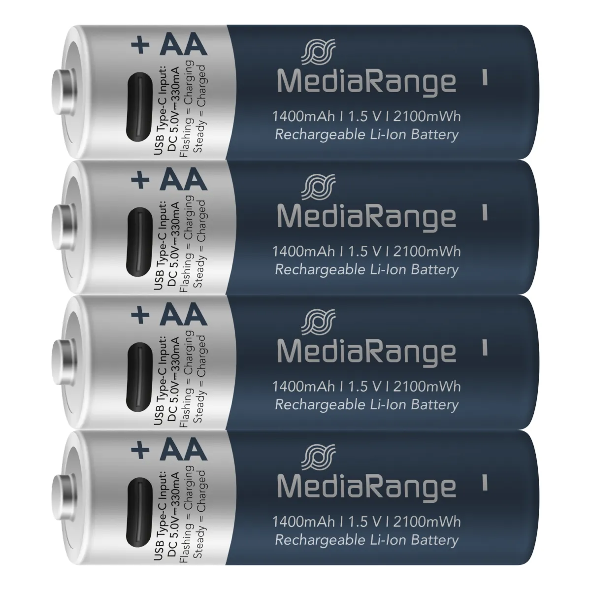 MediaRange wiederaufladbare USB-C Li-Ion Batterien, Mignon AA I 1.5V I 1.400mAh, 4er Pack