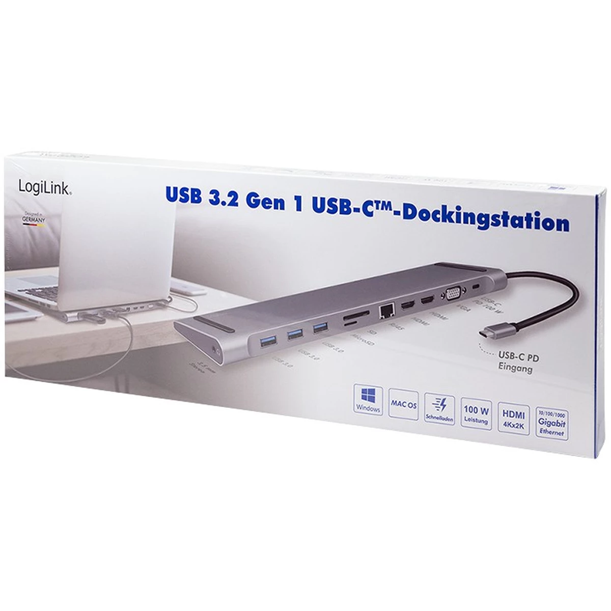 LogiLink Dockingstation USB-C Eigang 11Port 3xUSB3.2 USB-C 2xHDMI VGA AUX RJ45 Silver