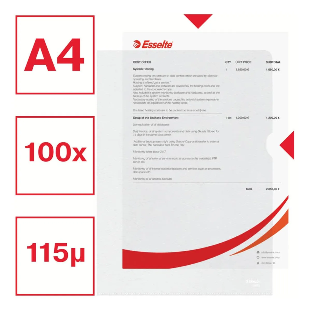 Esselte Sichthülle Standard Plus, A4, PP, genarbt, 100 Stück, farblos