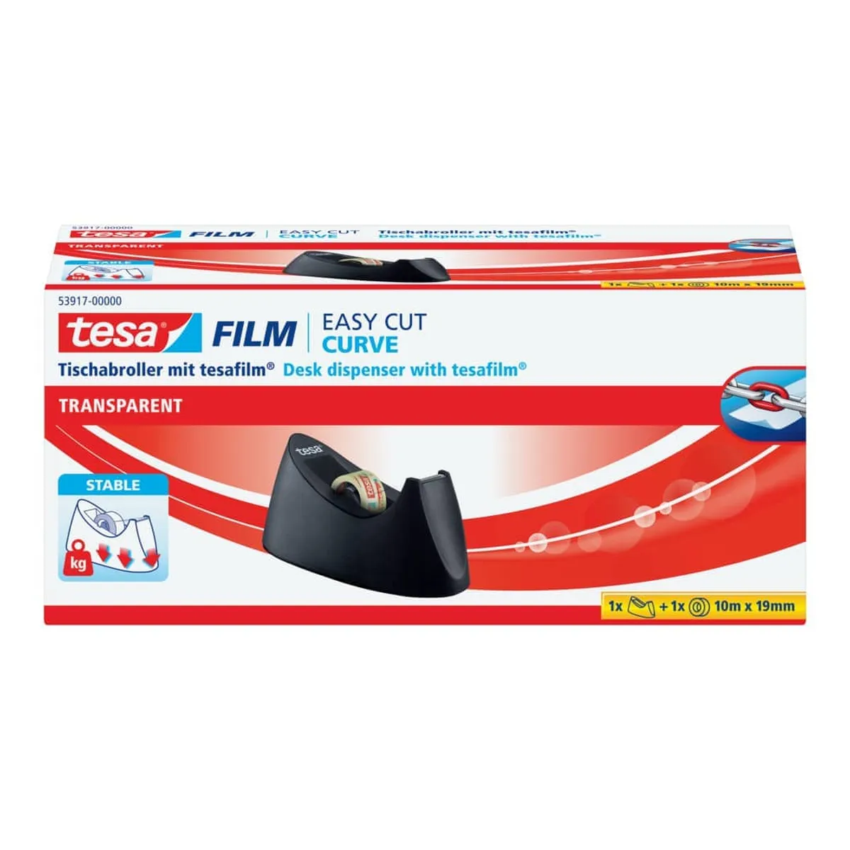 tesa® Tischabroller Easy Cut® Curve - für Rollen bis 33m : 19mm, schwarz