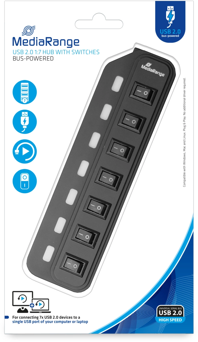 USB 2.0 Hub 1:7 mit seperaten Ein-/Aus-Schaltern