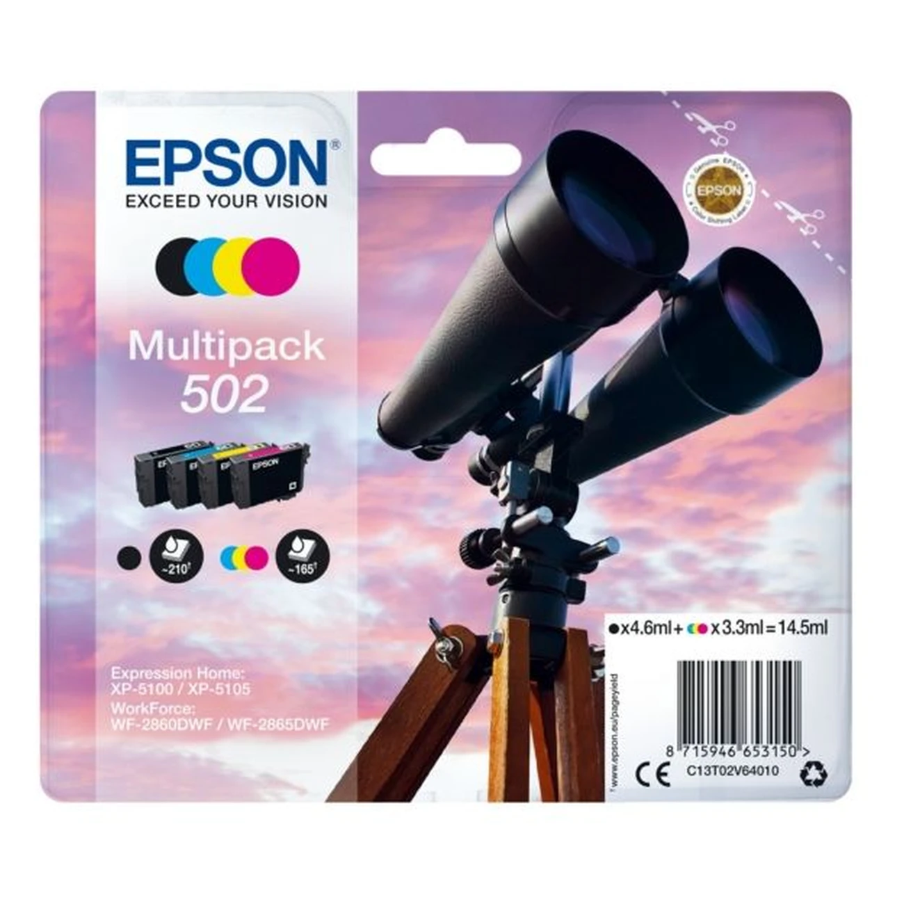 Druckerpatronen MultiPack Epson 502 schwarz cyan magenta gelb 14,5 ml (C13T02V64010)