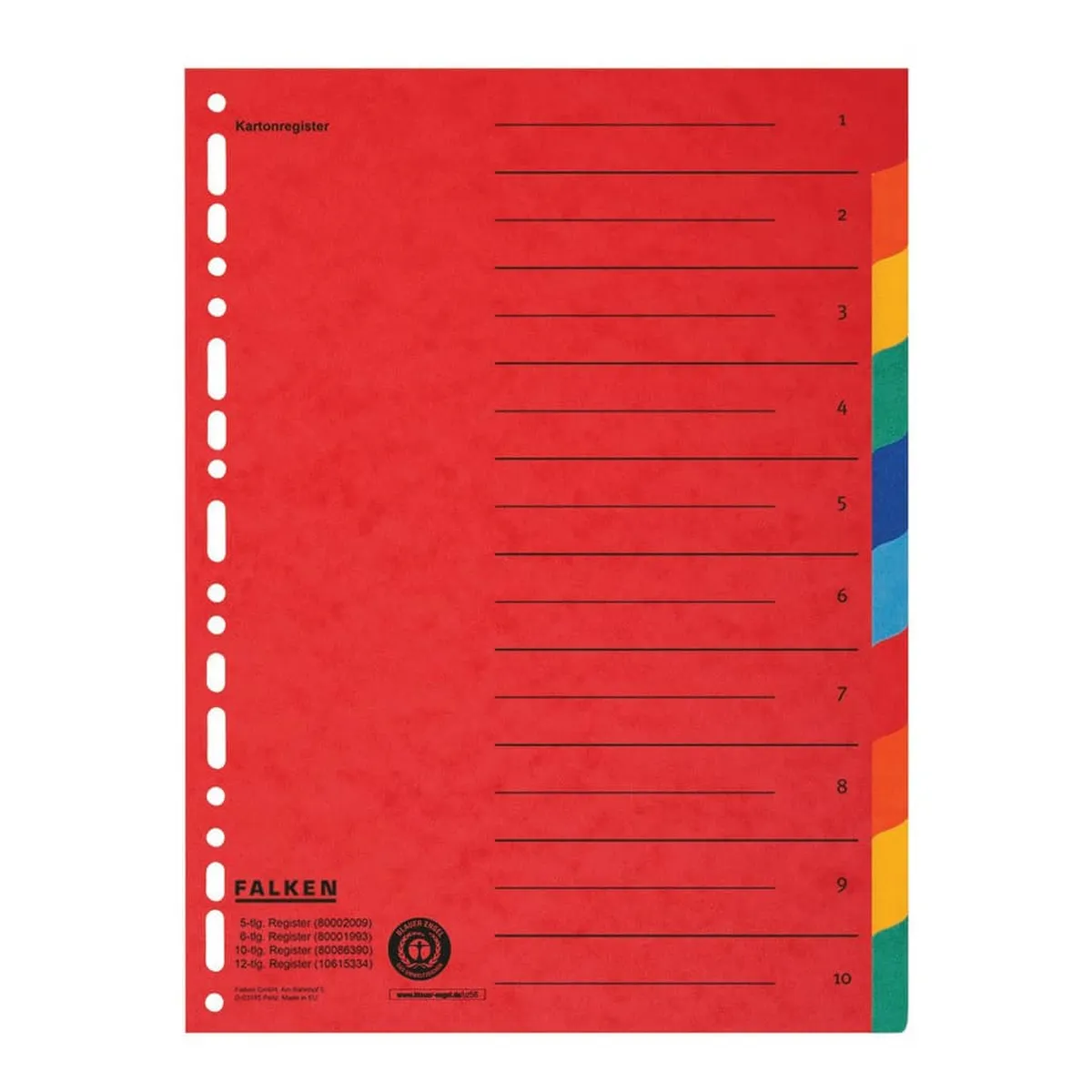 Falken Zahlenregister - 1-10, Karton farbig, A4, 5 Farben, gelocht mit Orgadruck