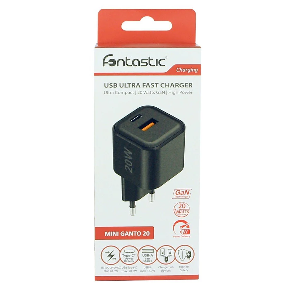 Fontastic Netzteil MINI GaNto 20W Type-C PD + USB-A FC schwarz