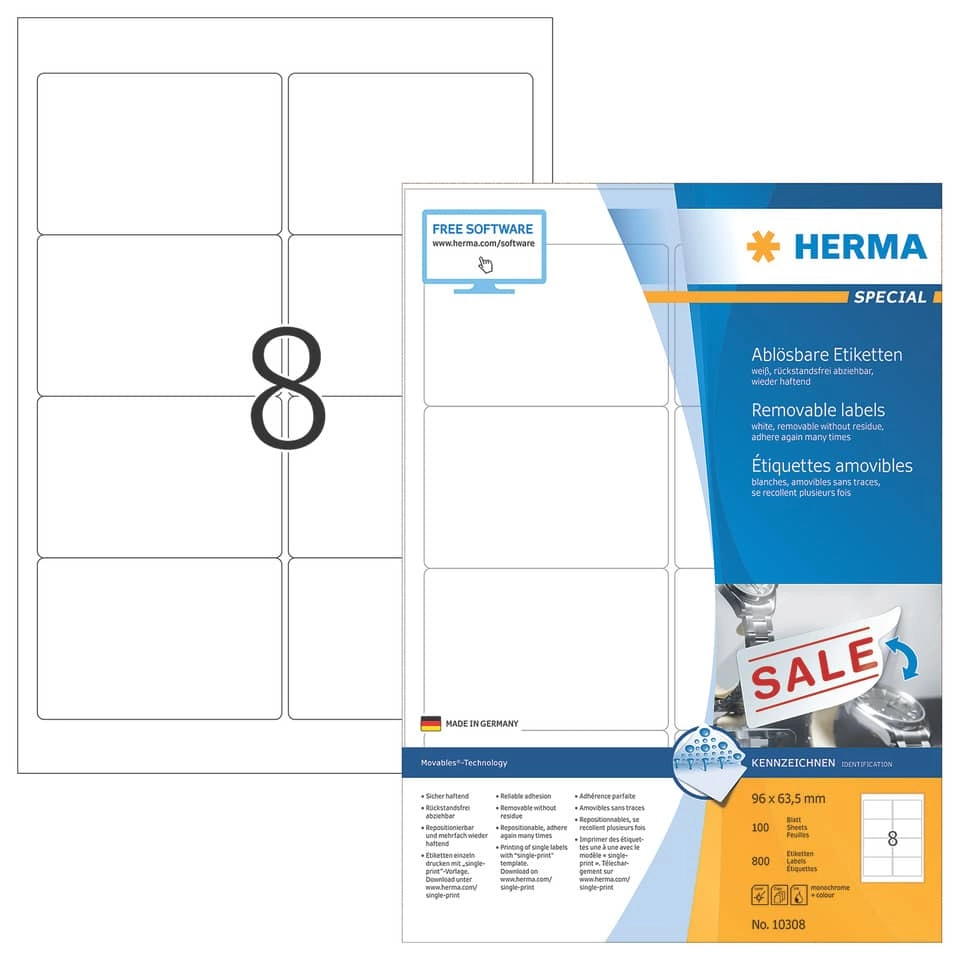 HERMA Universaletiketten - 96 x 63,5 mm, weiß, ablösbar, matt, 800 Stück HERMA Universaletiketten - 96 x 63,5 mm, weiß, ablösbar, matt, 800 Stück
