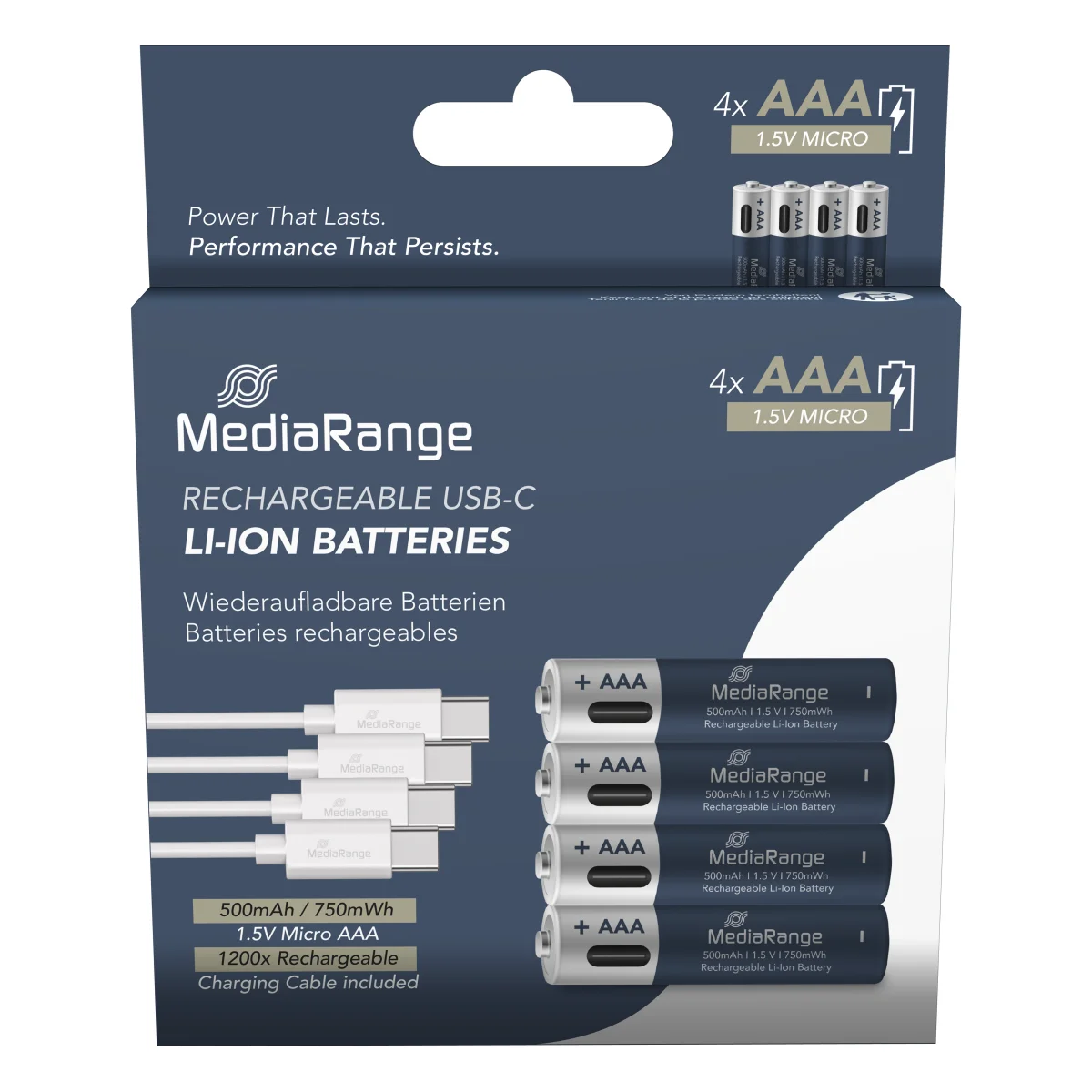 MediaRange wiederaufladbare USB-C Li-Ion Batterien, Micro AAA I 1.5V I 500mAh, 4-Pack
