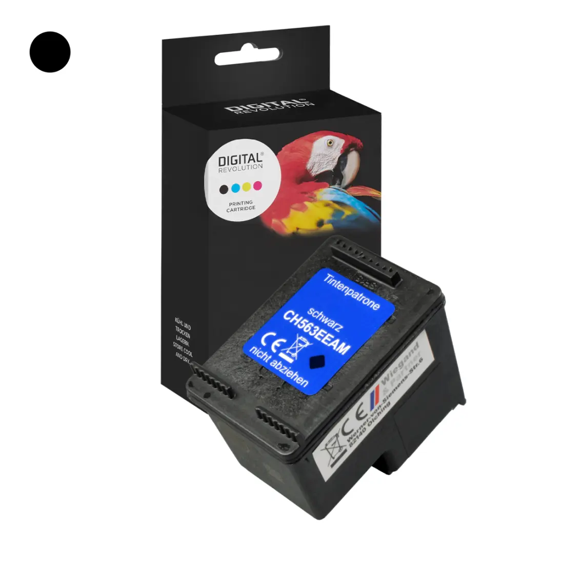Digital Revolution alternative Patrone Tinte HP CH563EE (301XL) schwarz, vor schwarzer Verpackung mit Papagei auf weißem Hintergrund