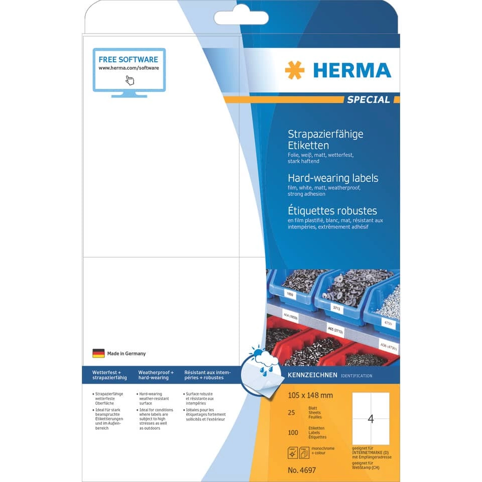 HERMA Folienetiketten - 105 x 148 mm, weiß, extrem stark haftend, matt, 100 Stück