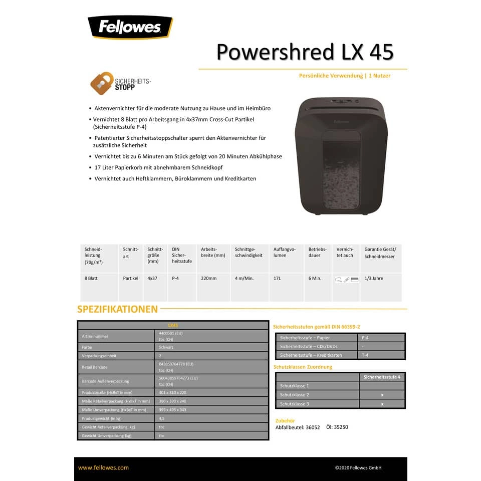 Aktenvernichter Powershred® - LX45 Partikelschnitt, schwarz