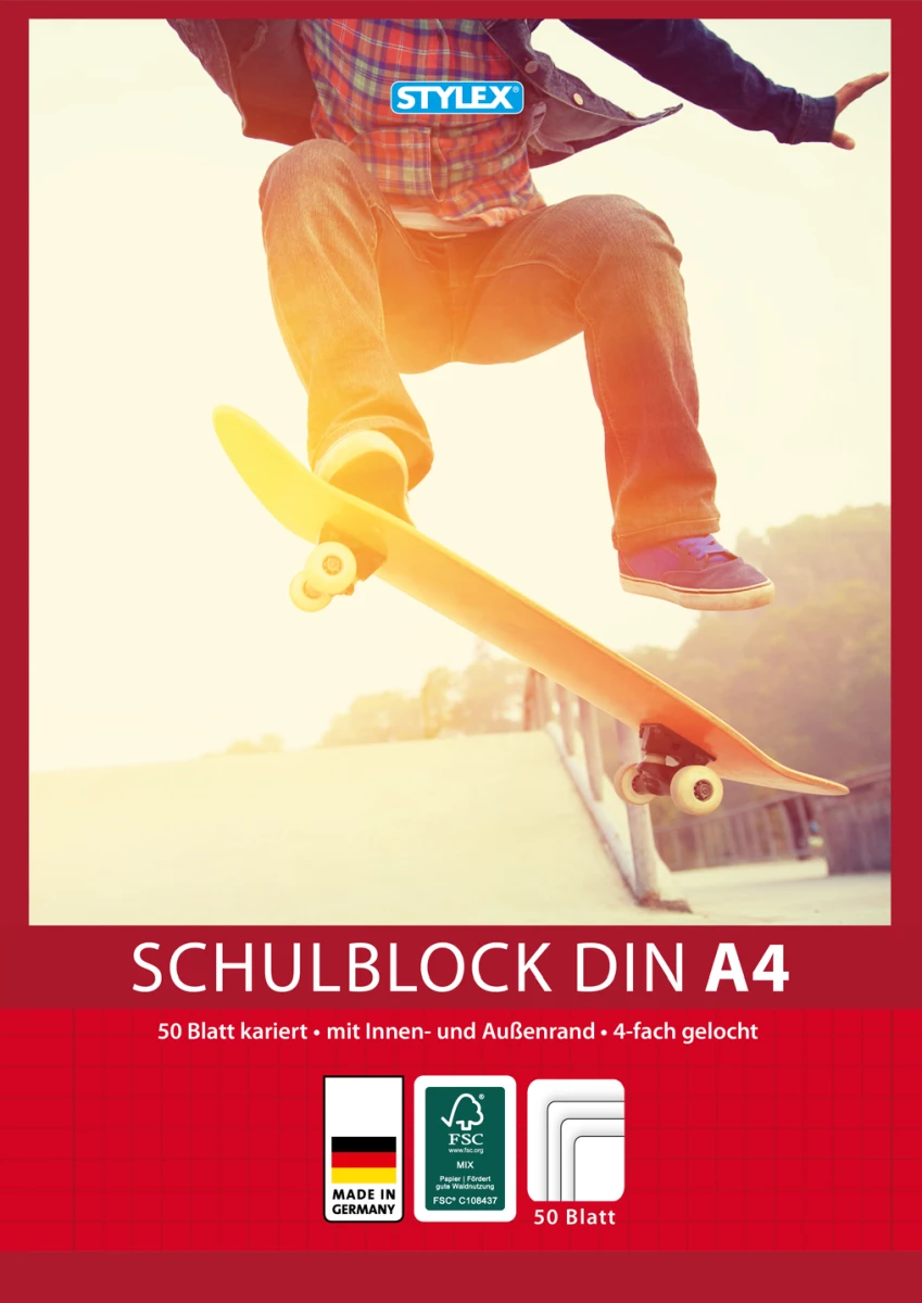 Stylex Schulblock, DIN A4, gelocht, kariert, FSC