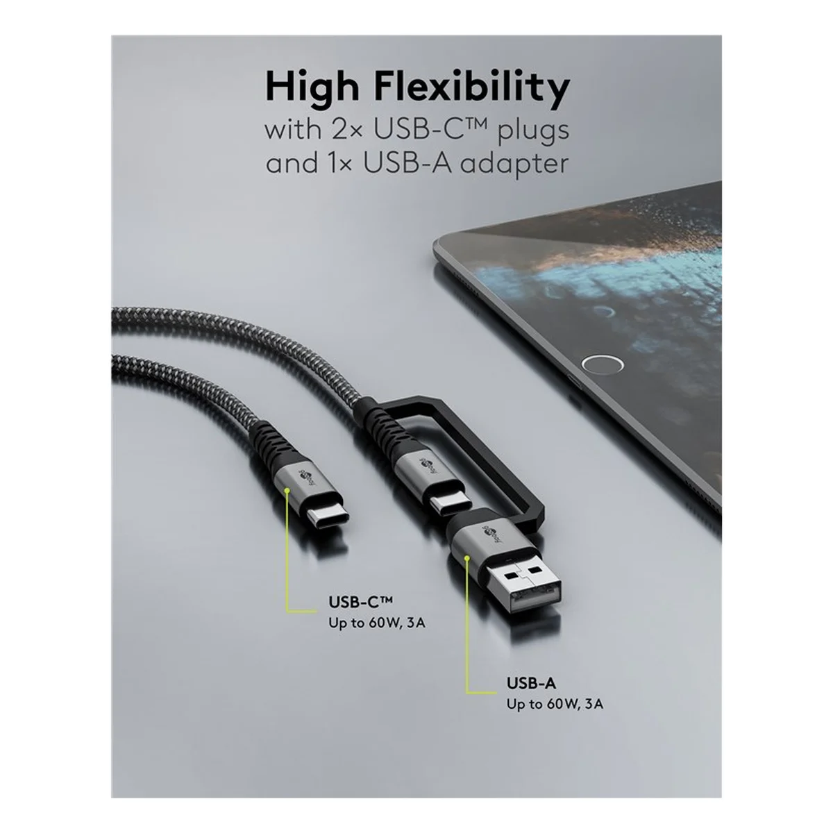 2in1 USB-Textilkabel, spacegrau/silber, 1 m