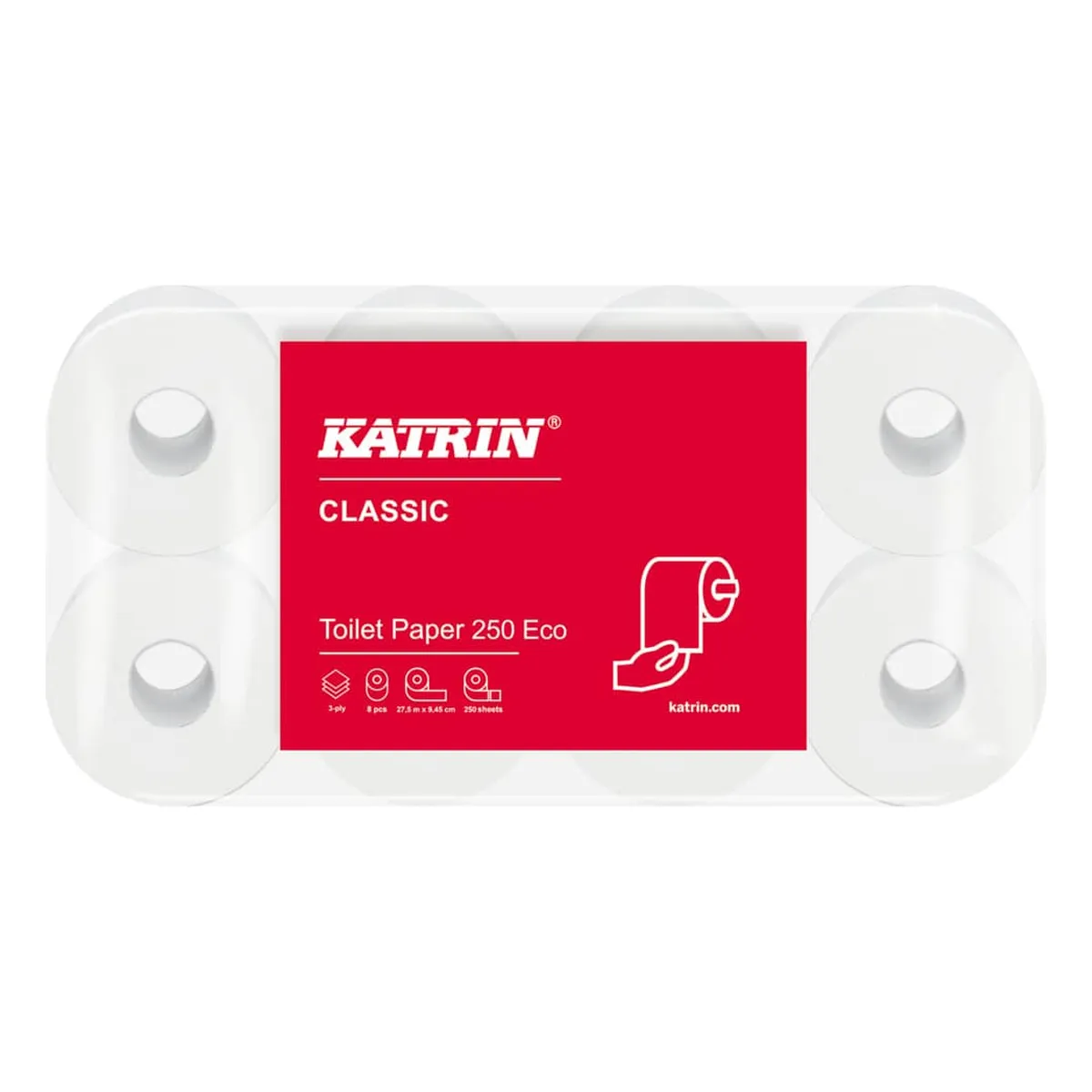 KATRIN Toilettenpapier Classic Eco - 3-lagig, weiß, 8 Rollen à 250 Blatt