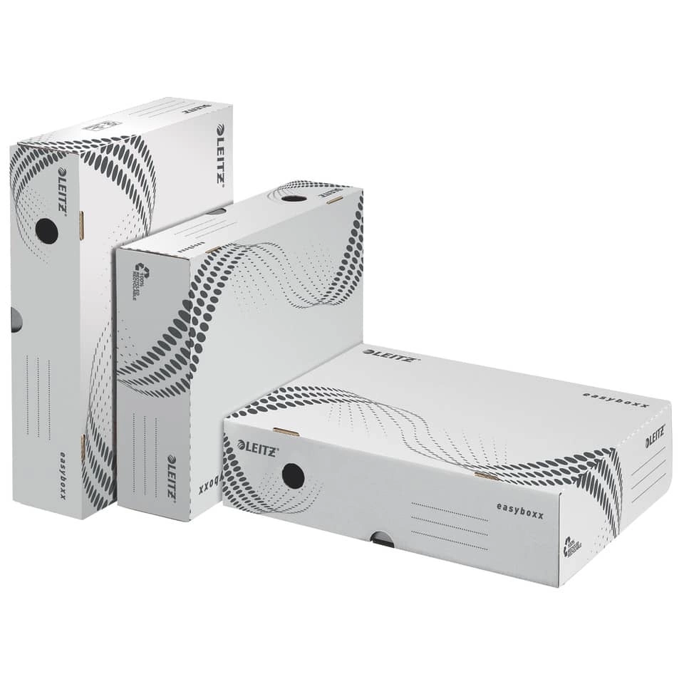LEITZ Archivbox easyboxx - A4, 80 mm, Wellpappe (RC), breite Öffnung, Klappdeckel, weiß