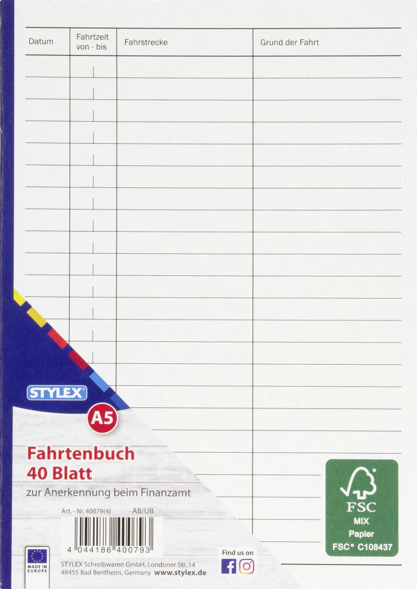 Stylex Fahrtenbuch, DIN A5, 40 Blatt, FSC