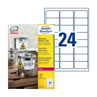 Avery Zweckform L4773-100 Folienetiketten - 63,5 x 33,9 mm, weiß, 2400 Etiketten, permanent, wetterfest