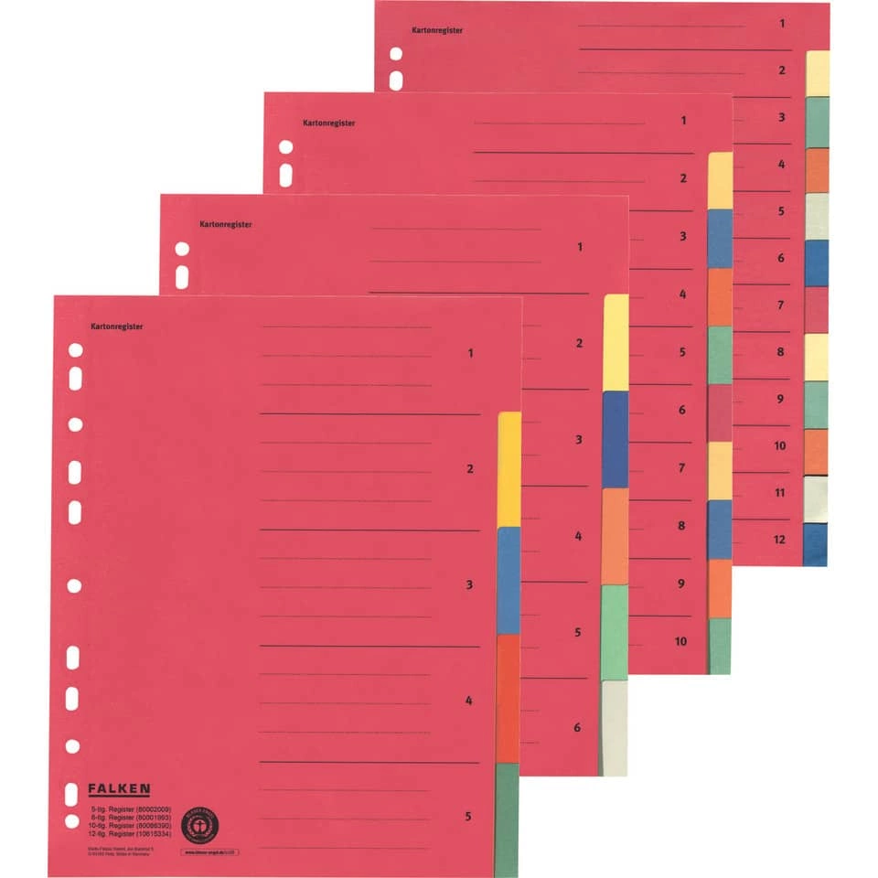 Zahlenregister - 1-10, Karton farbig, A4, 5 Farben, gelocht mit Orgadruck